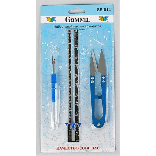 Набор инструментов для шитья Gamma SS-014: кусачки, линейка швейная, вспарыватель.